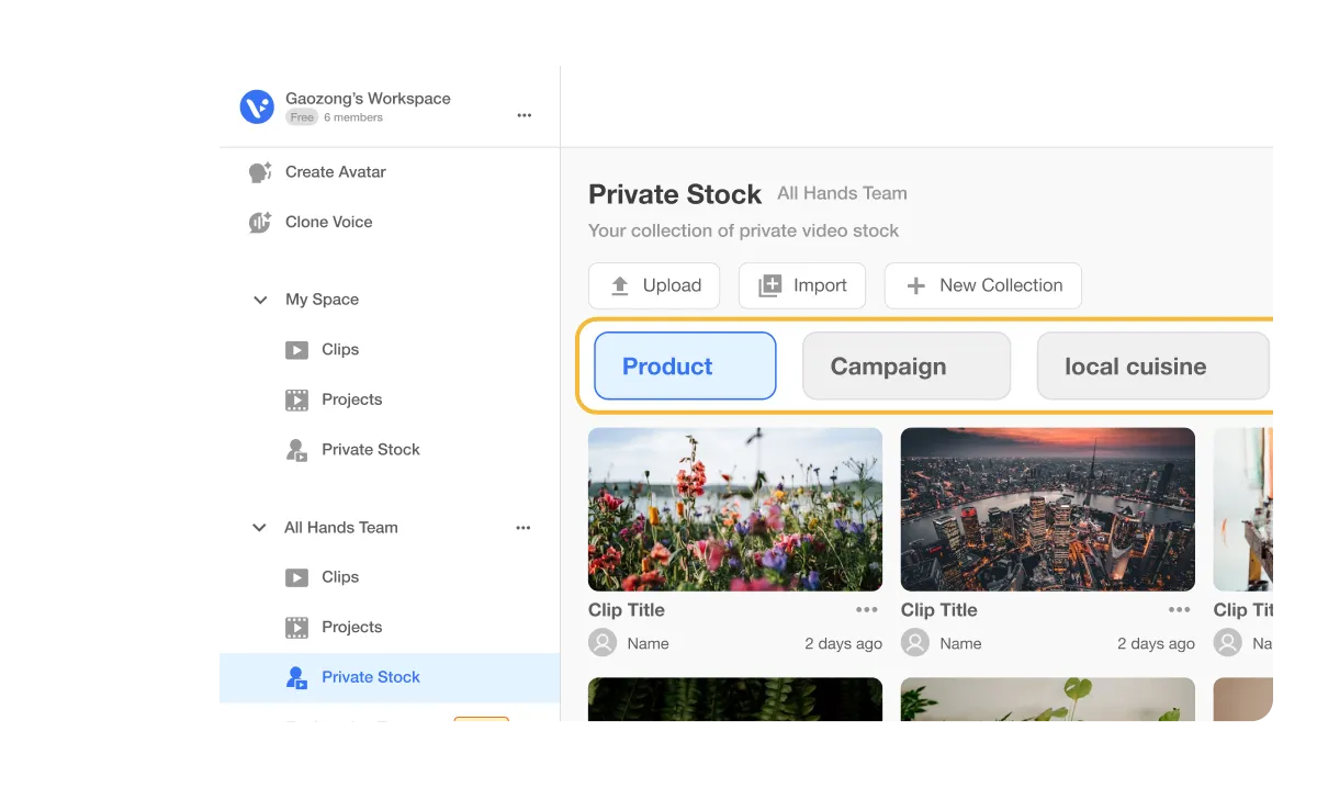 Visla Private Stock dashboard grouping clips into labeled Collections for team video asset management